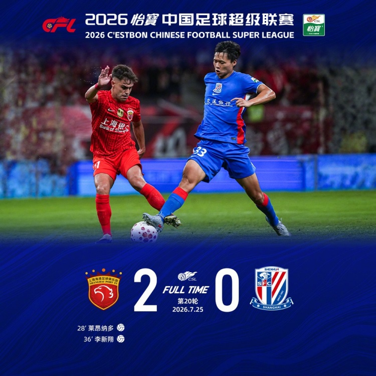 莱昂纳多李新翔破门 海港德比2-0胜申花